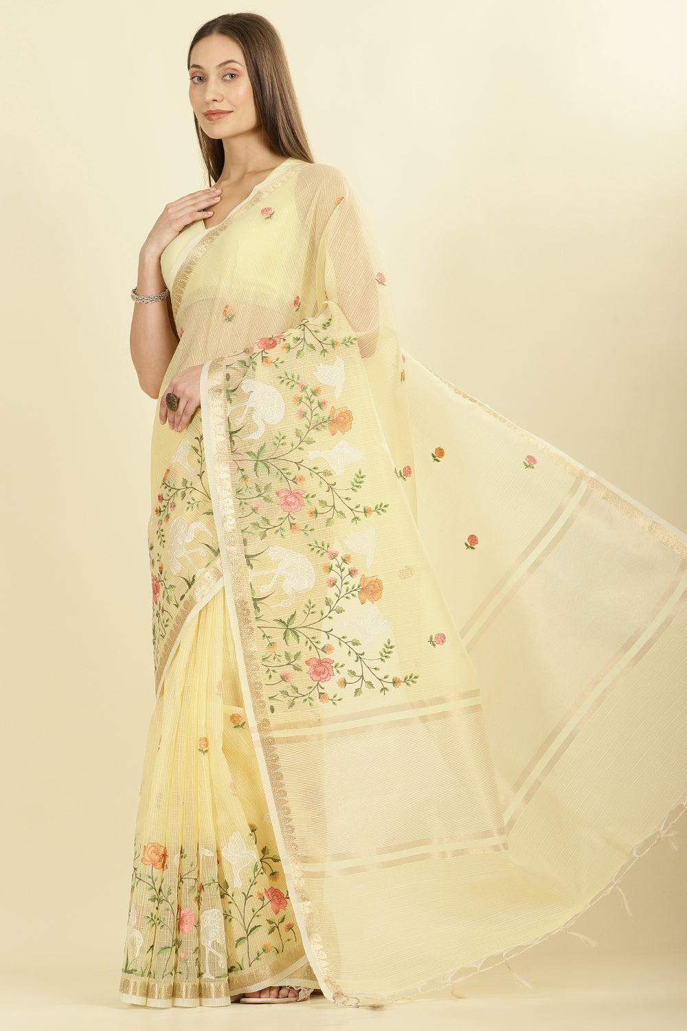 Yellow Kota Cotton Floral Resham Embroidered And Zari Woven Saree
