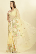 Yellow Kota Cotton Floral Resham Embroidered And Zari Woven Saree