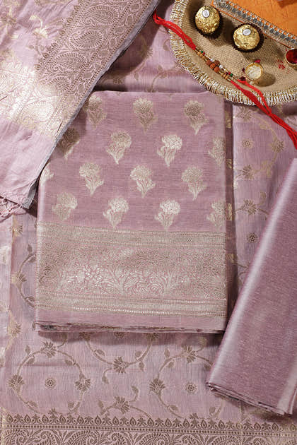 Mauve Silk Zari Woven Unstitched Suit Material