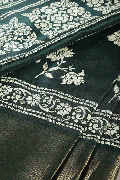 Bottle Green Color Cotton Silk Block Printed Saree
