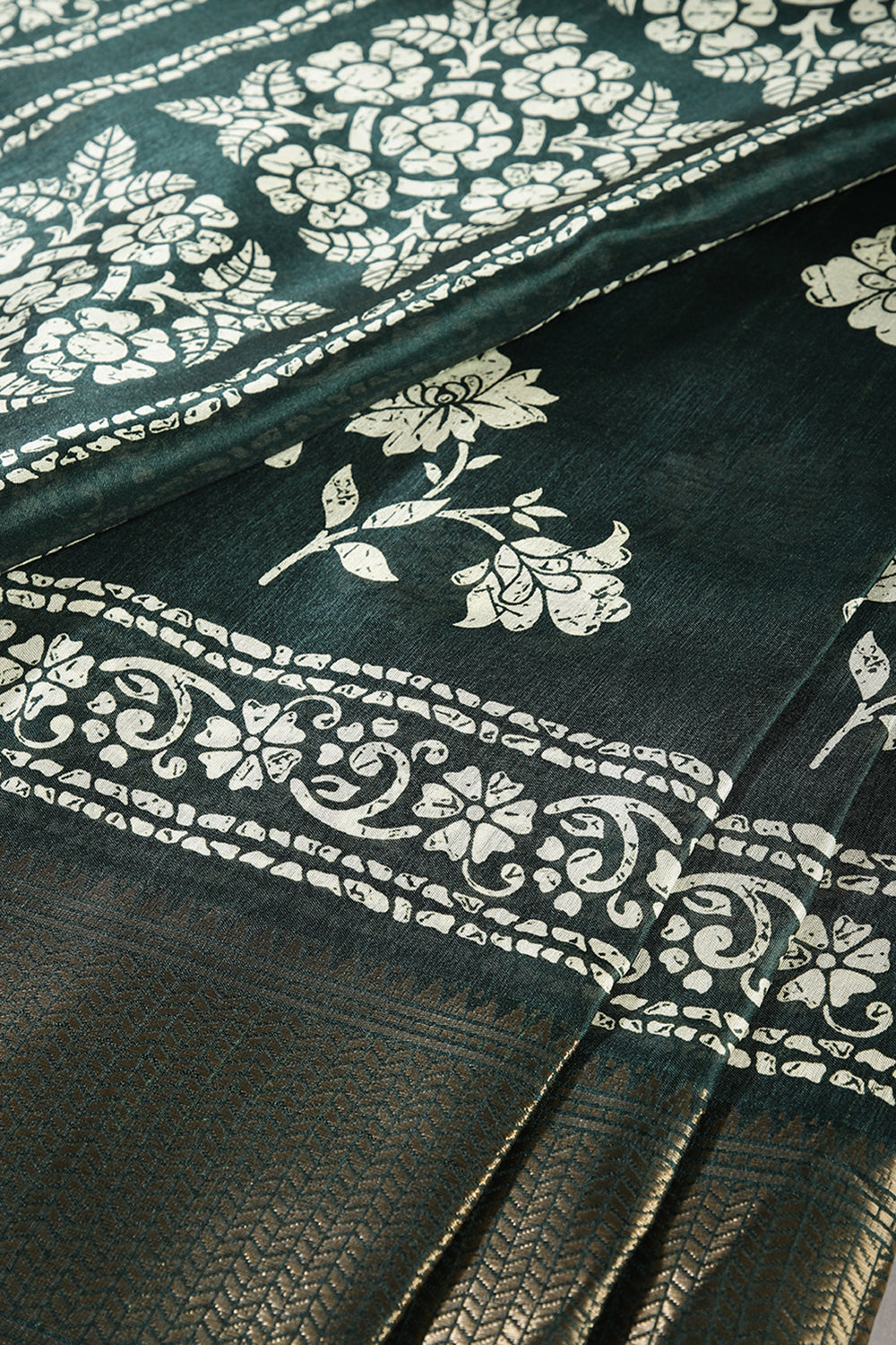 Bottle Green Color Cotton Silk Block Printed Saree