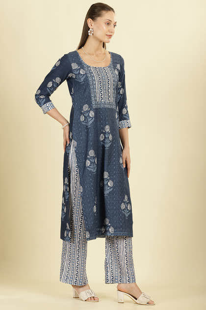 Blue Cotton Hacoba Style Printed Unstitched Suit Material