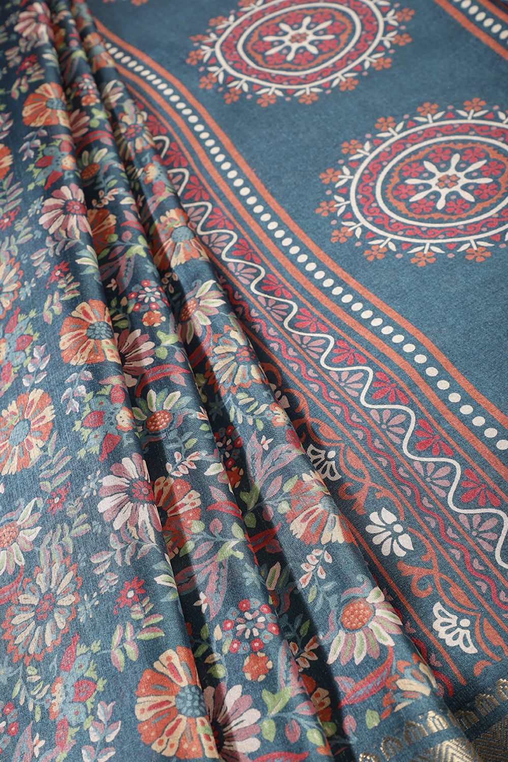 Blue Colour Floral Printed Cotton Silk Saree