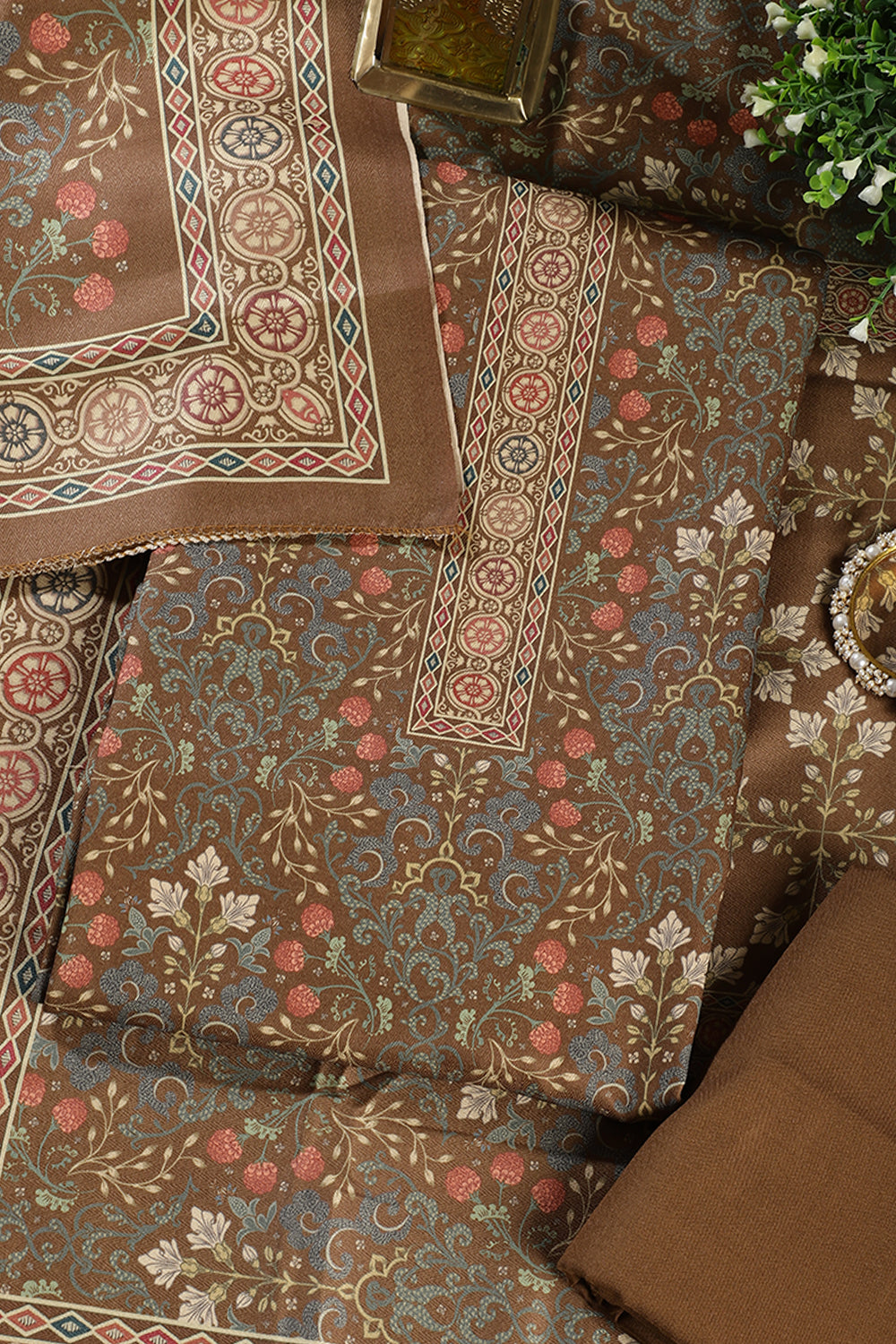 Olive Green Digital Printed Pashmina Unstitched Suit Fabric