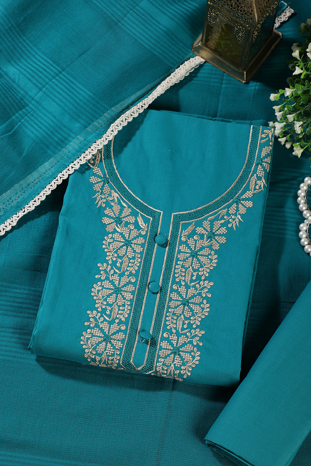 Teal Cotton Resham Embroidered Unstitched Suit