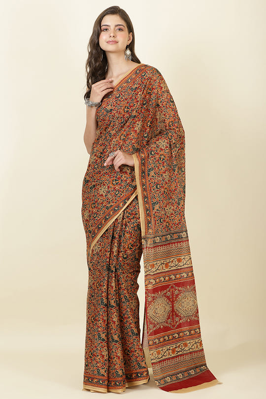 Maroon Floral Printed Cotton Saree