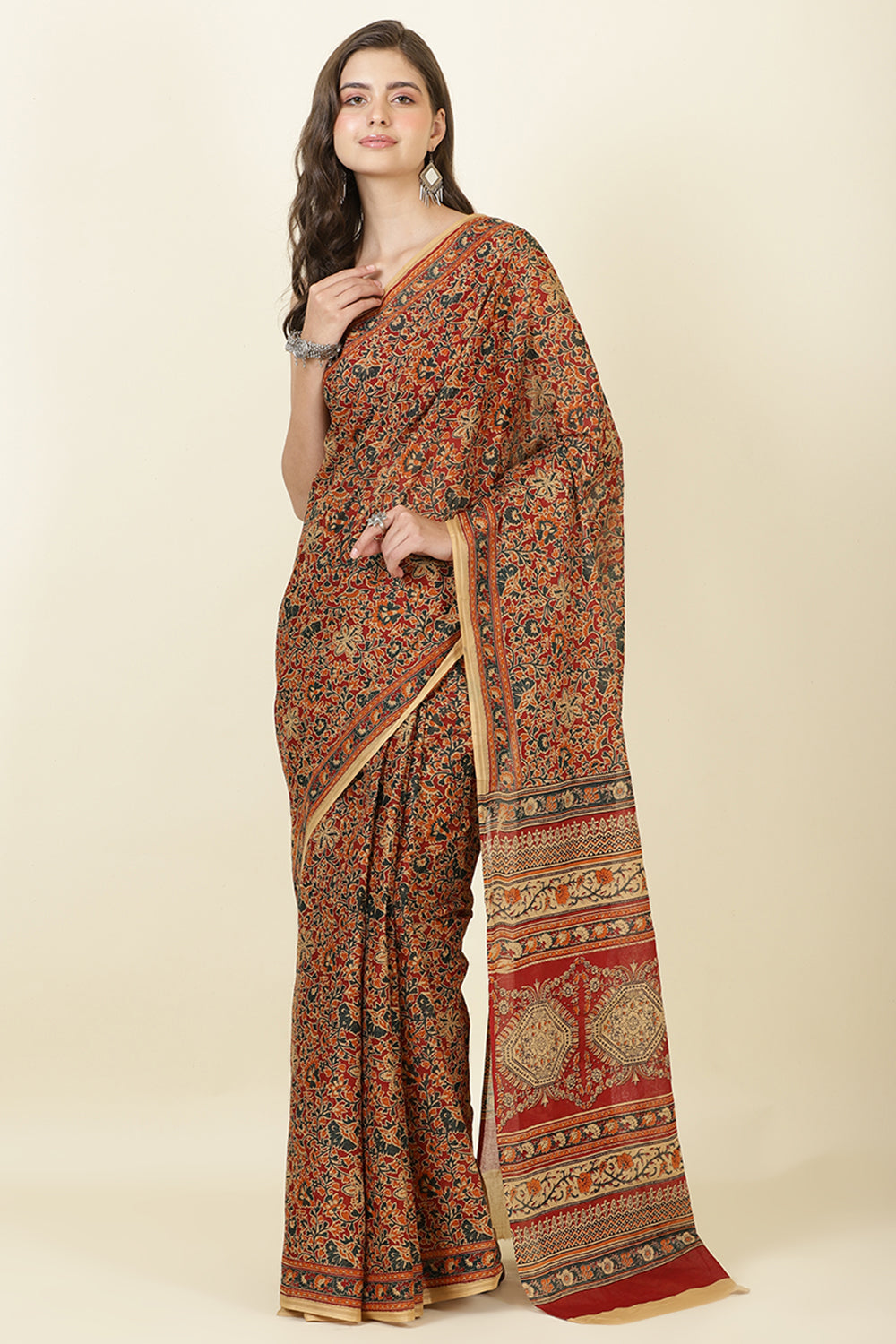 Maroon Kalamkari Printed Cotton Saree