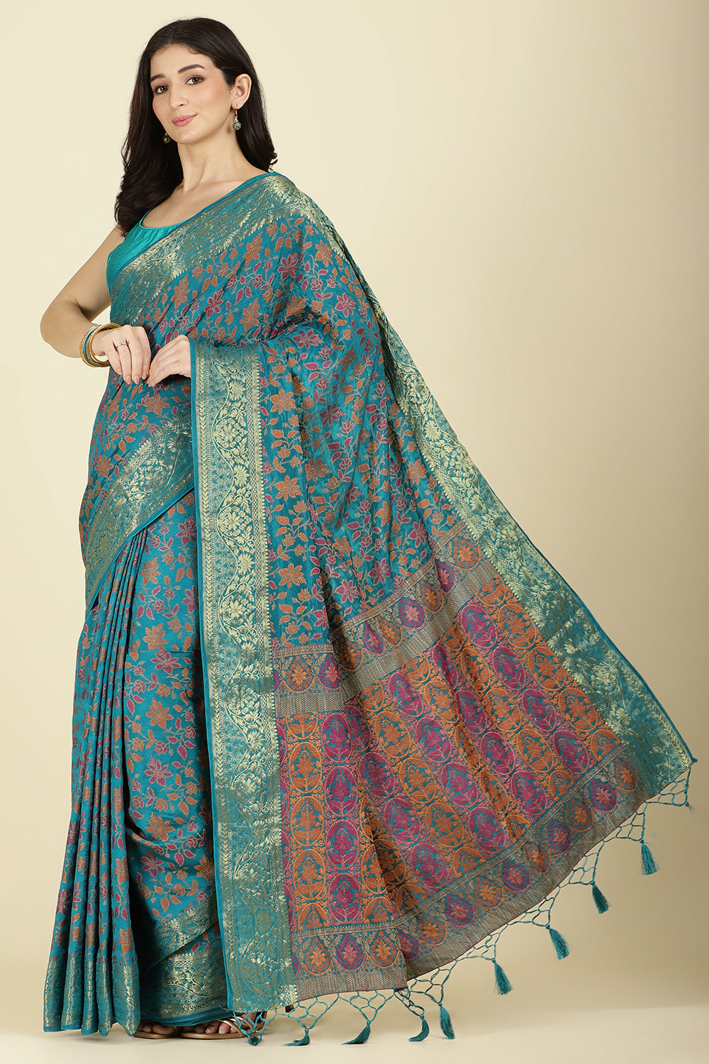 Turquoise Color Tussar Woven Silk Saree