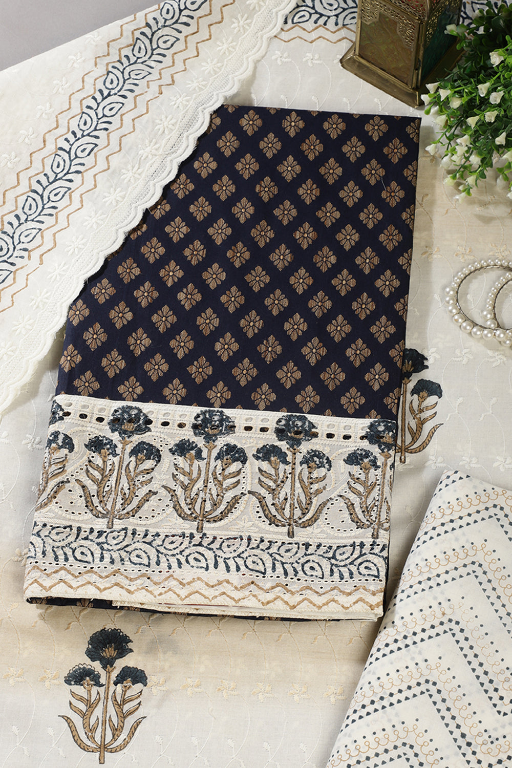 Navy Cotton Woven And Lace Work Unstitched Suit Material