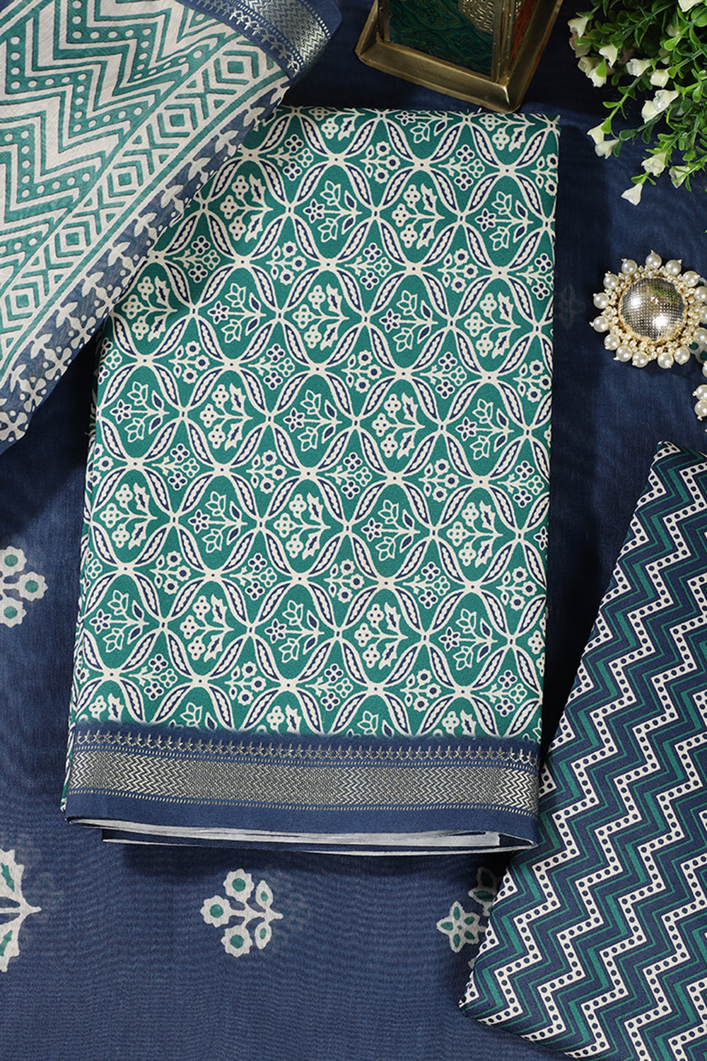 Green Cotton Ajrakh Block Print Unstitched Suit Material