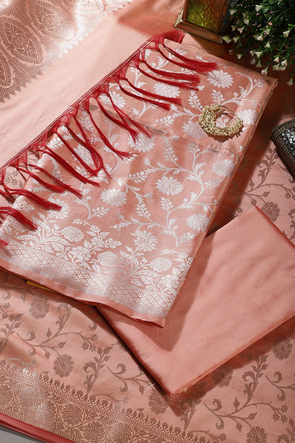 Peach Zari Floral Woven Silk Unstitched Suit Fabric