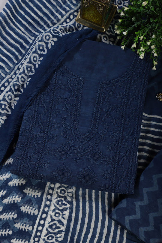 Blue Cotton Resham Embroidered Unstitched Suit Material