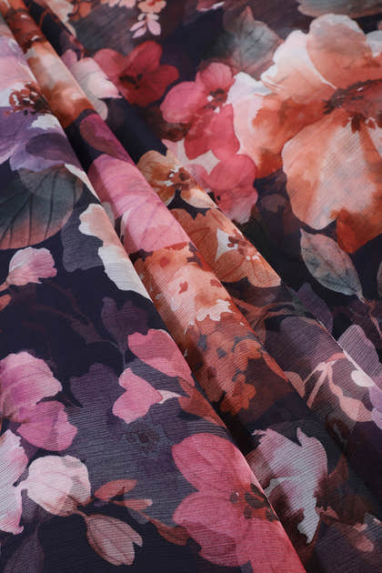Navy Colour Floral Printed Chiffon Saree