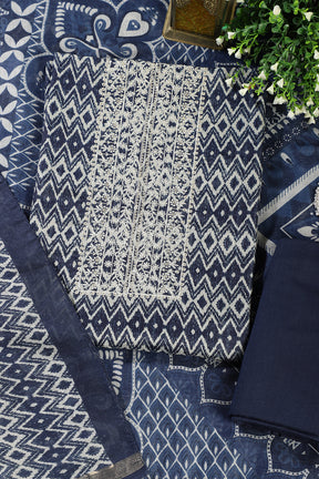Navy Blue Cotton Silk Printed and Neck Embroidered Unstitched Suit