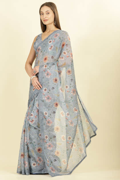 Grey Organza Floral Printed And Lace Work Saree