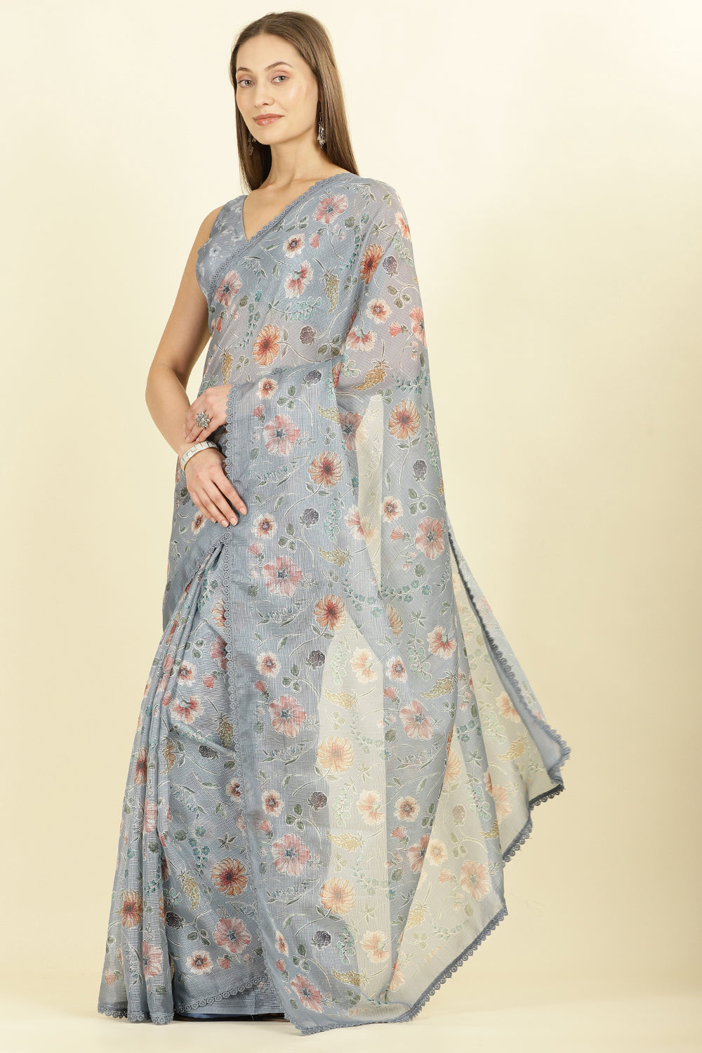 Grey Organza Floral Printed And Lace Work Saree