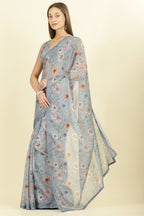 Grey Organza Floral Printed And Lace Work Saree