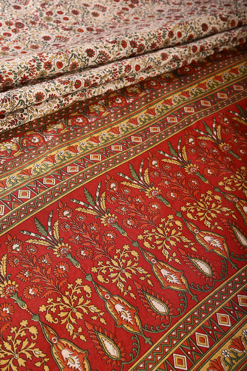 Beige & Red Color Tussar Silk Blossom Printed Saree