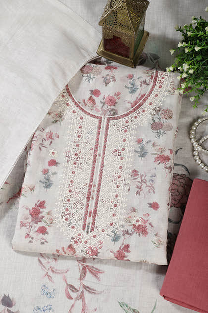 Cream & Light Maroon Chanderi Cotton Floral Printed And Embroidered Unstitched Suit