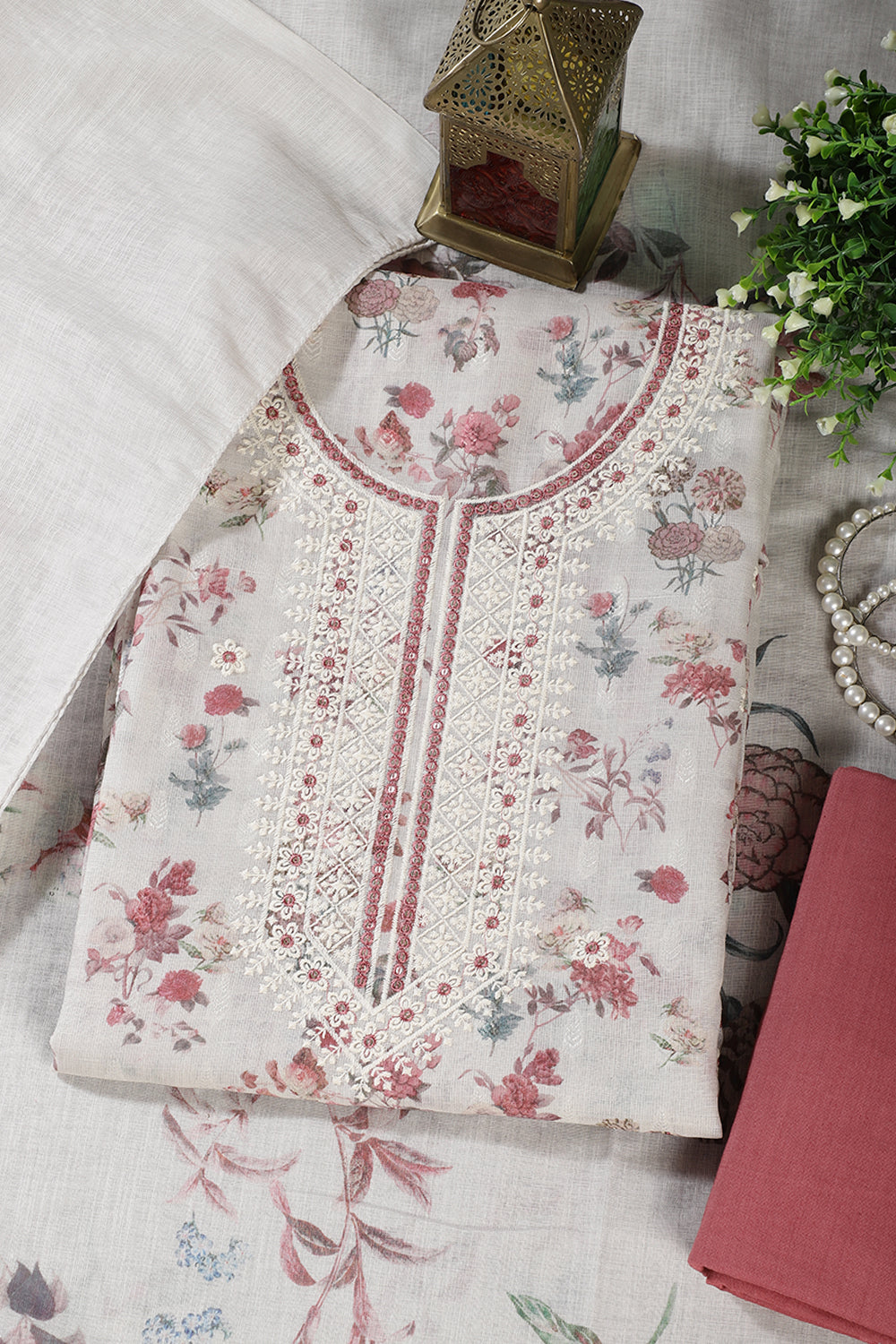 Cream & Light Maroon Chanderi Cotton Floral Printed And Embroidered Unstitched Suit