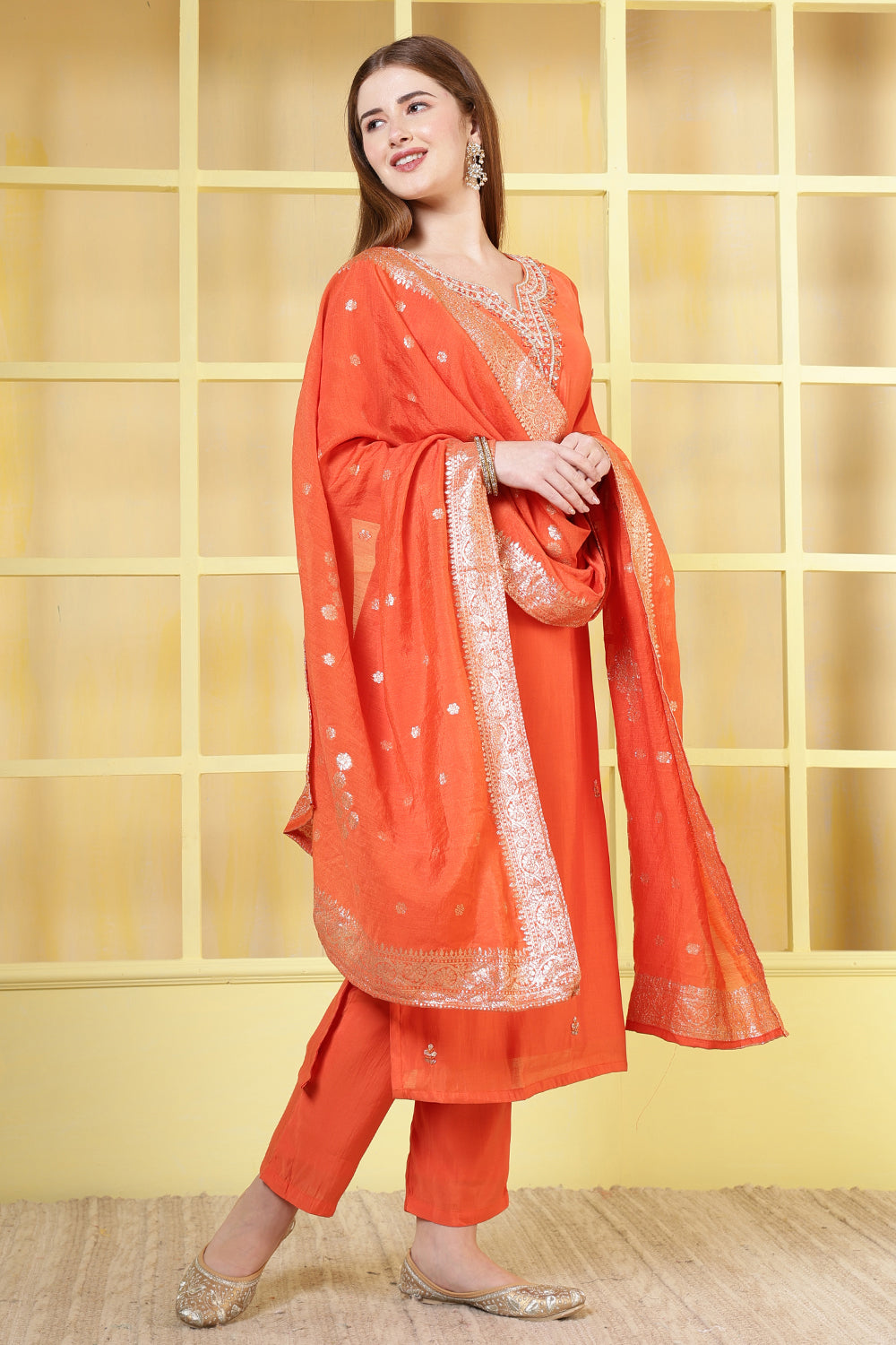 Orange Chanderi Silk Neck-Embroidered Suits