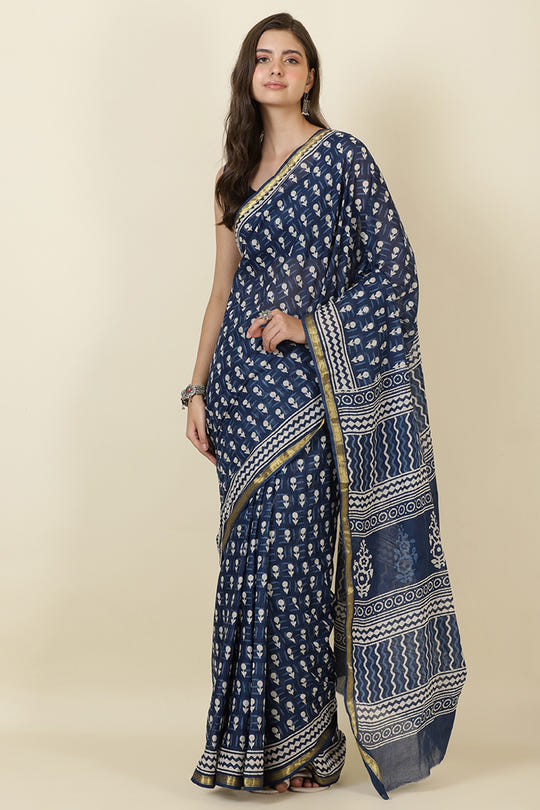 Indigo Blue Block Printed Cotton Saree