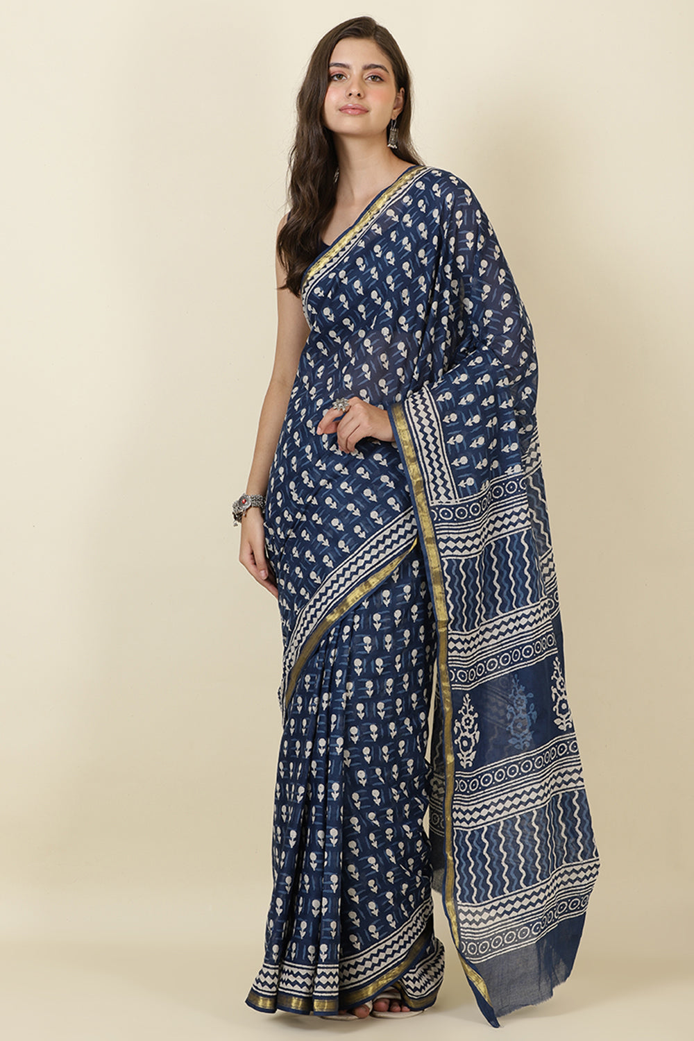 Indigo Blue Block Printed Cotton Saree