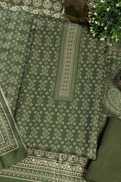 Green Printed Pashmina Unstitched Suit Fabric