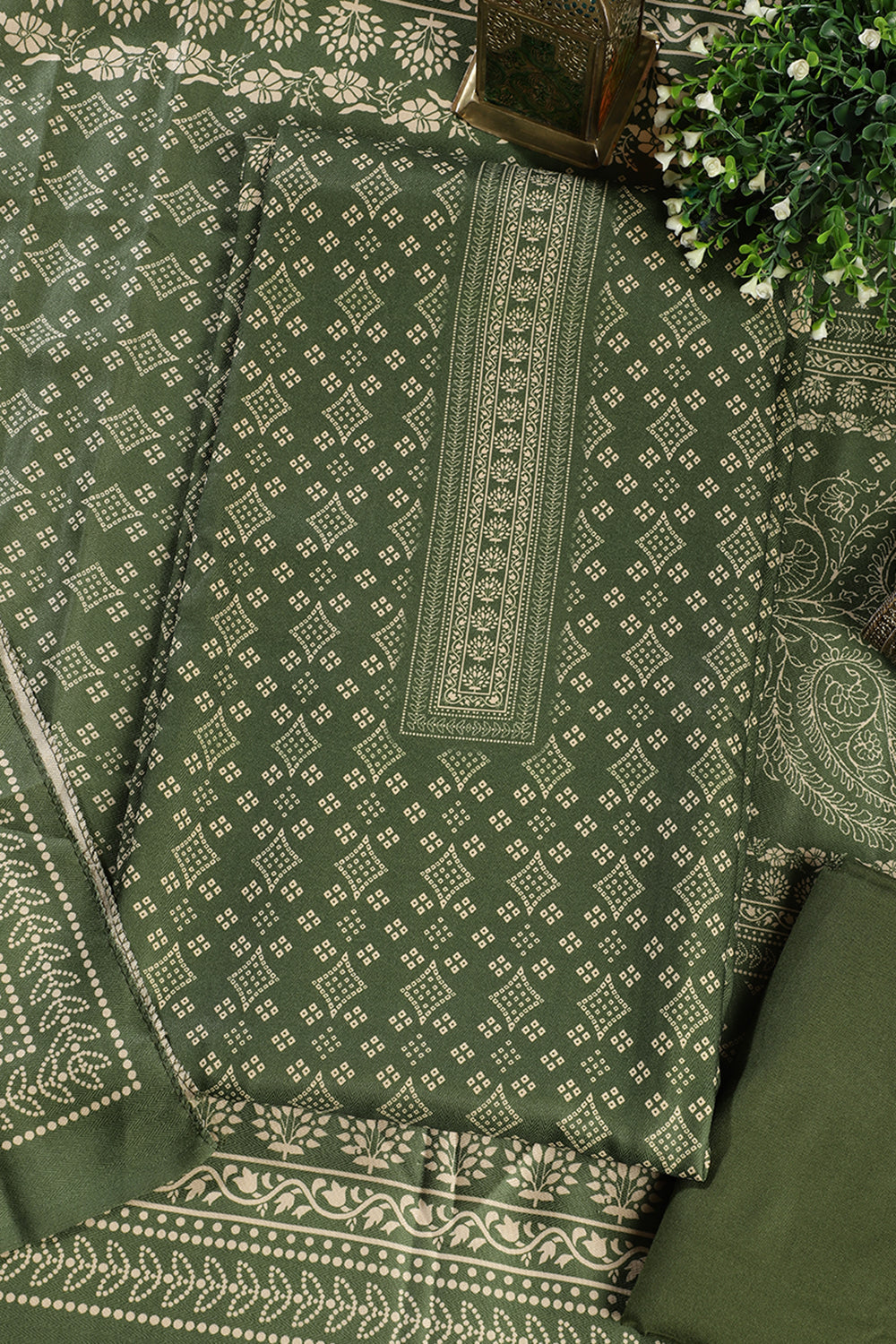 Green Printed Pashmina Unstitched Suit Fabric