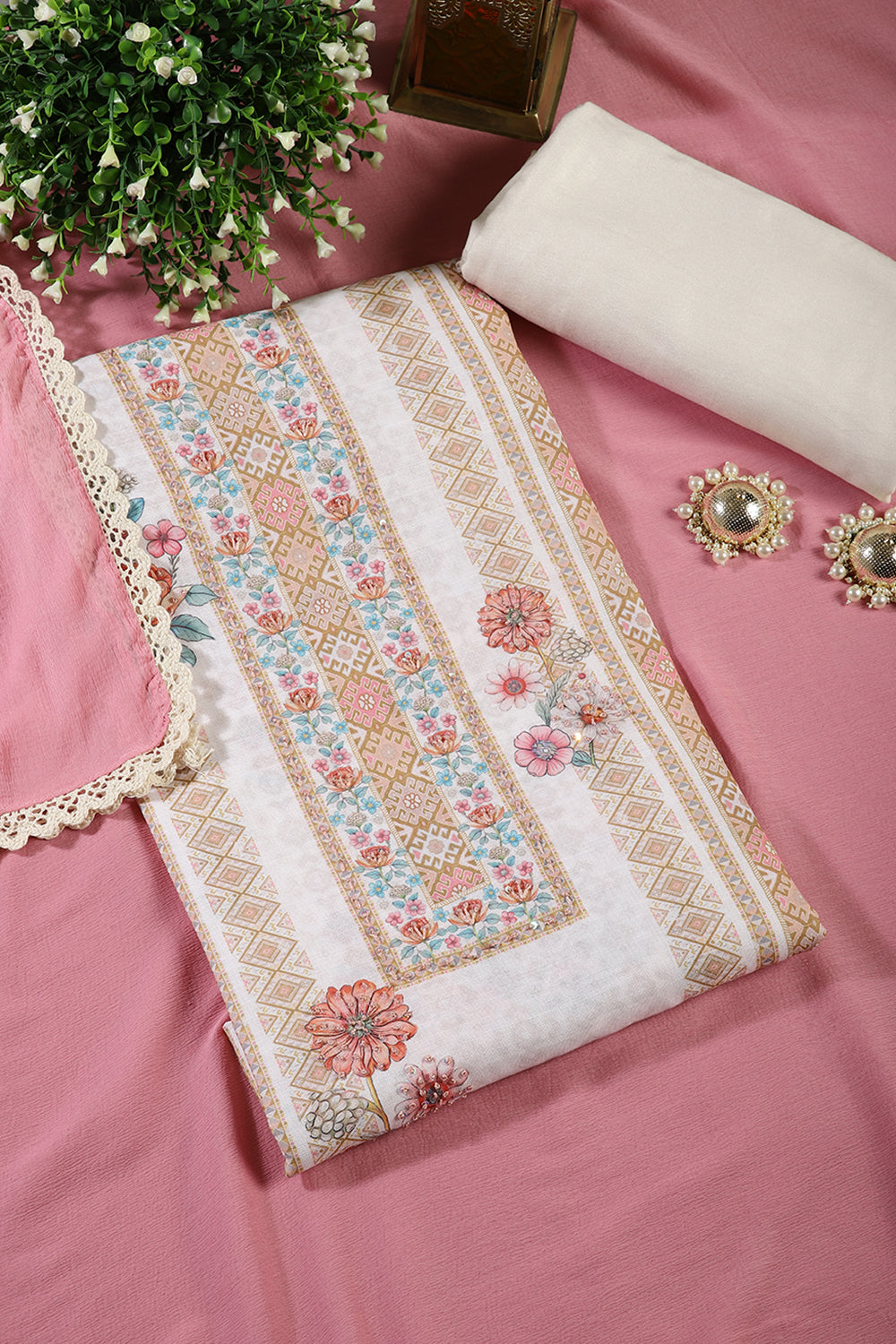 Cream Color Cotton Printed Unstitched Suit