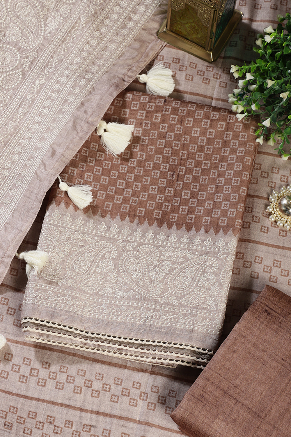 Light Brown Tussar Cotton Printed And Reham Embroidered Unstiched Suit Material