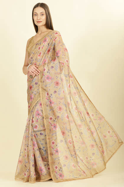 Light Mustard Organza Floral Printed And Lace Work Saree