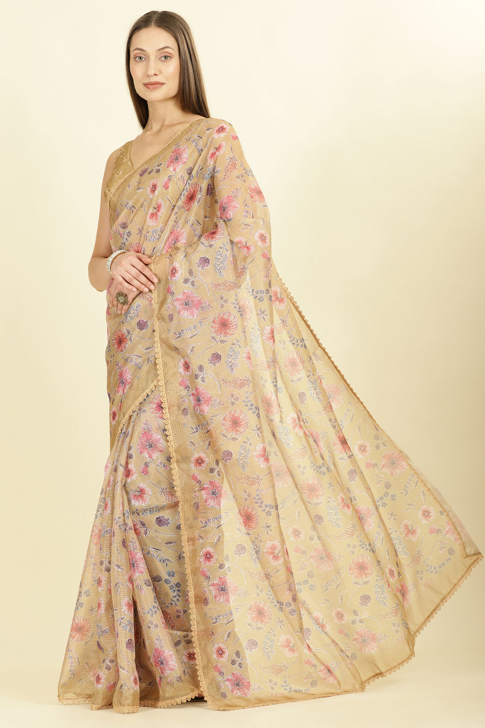 Light Mustard Organza Floral Printed And Lace Work Saree
