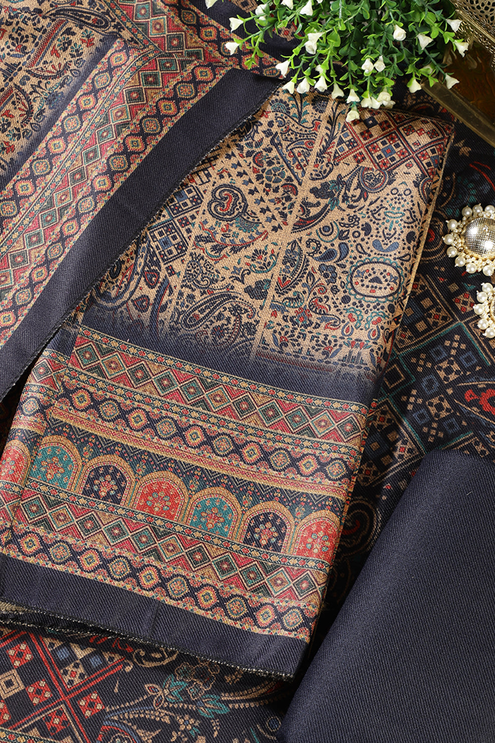Navy Pashmina Digital Printed Unstitched Suit Material