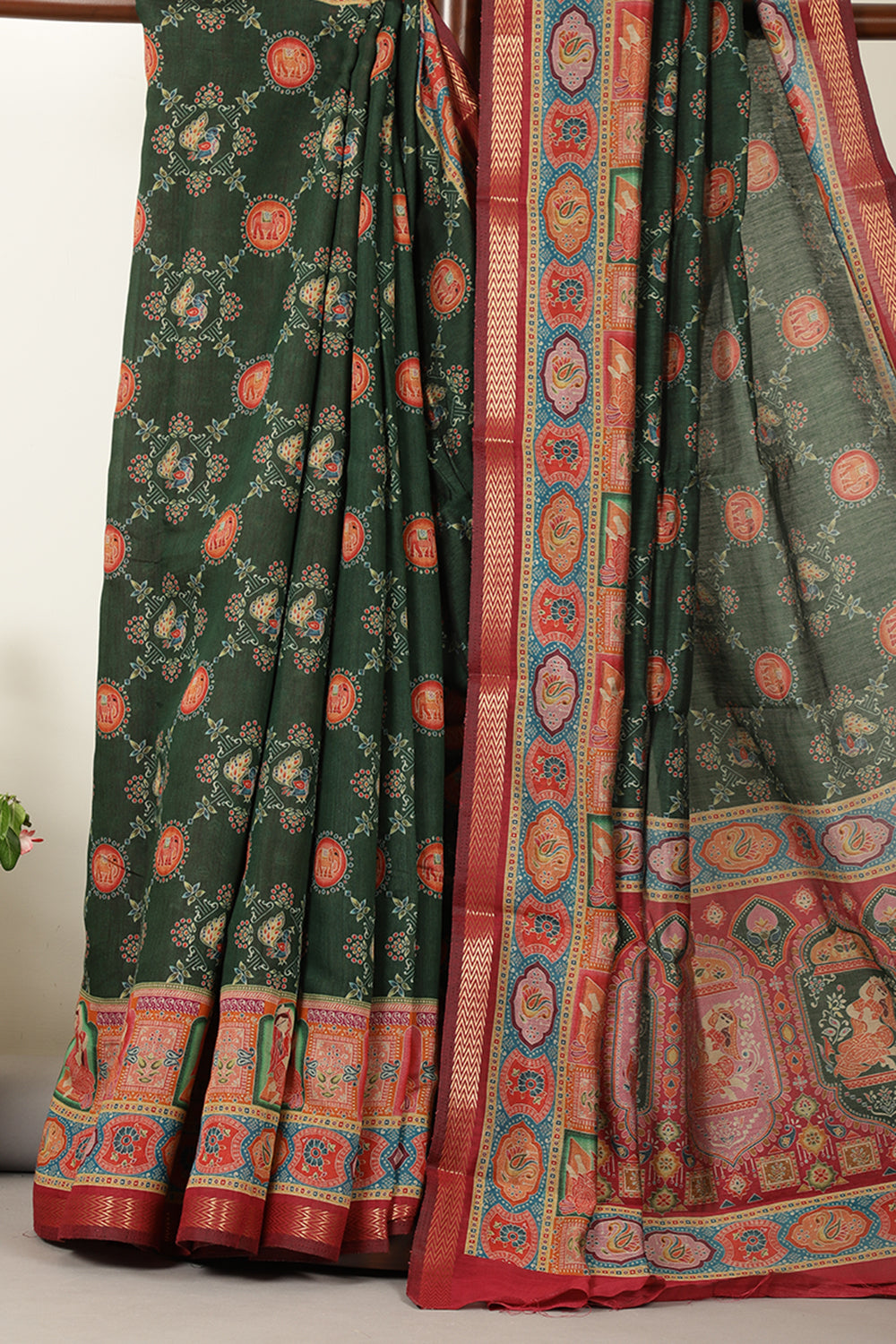 Bottle Green Cotton Kalamkari Printed Saree