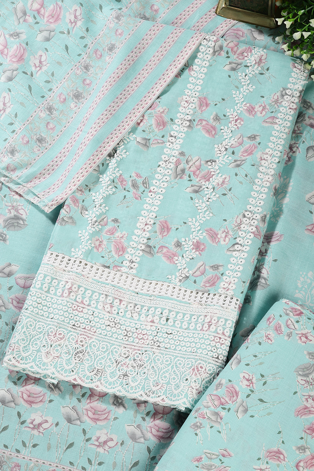 Turquoise Color Cotton Resham Embroidered And Lace Work Unstitched Suit Fabric