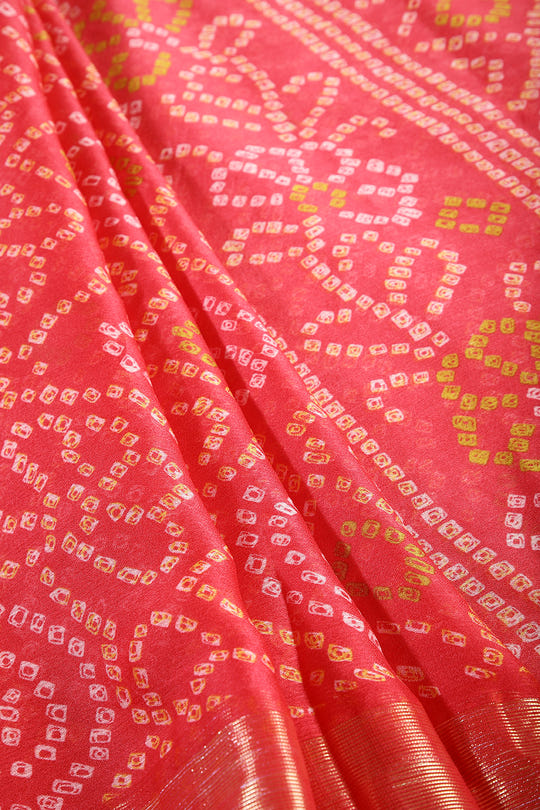 Coral Pink Color Chiffon Bandhani Printed Saree