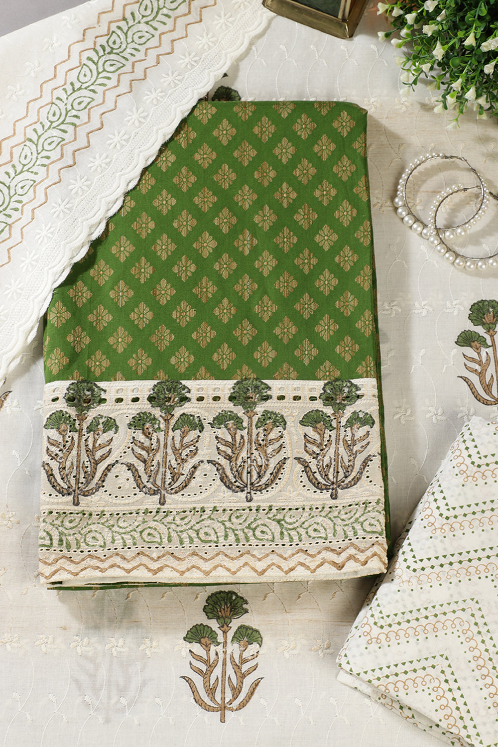 Green Cotton Woven And Lace Work Unstitched Suit Material