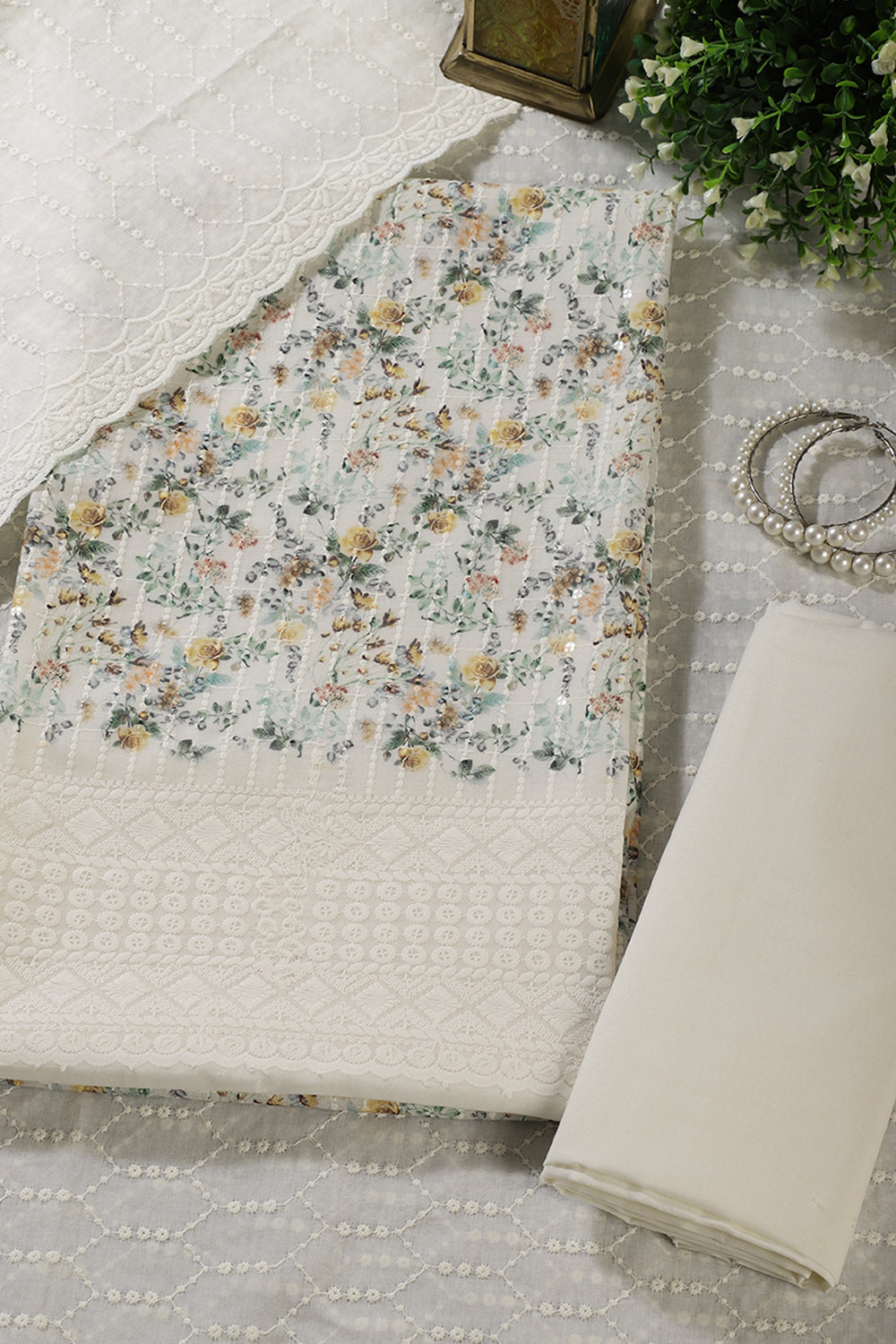 Cream & Mustard Cotton Chikankari Work Floral Printed Unstitched Suit