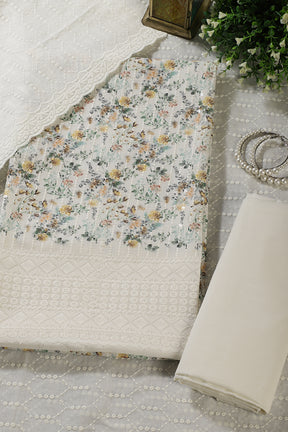 Cream & Mustard Cotton Chikankari Work Floral Printed Unstitched Suit