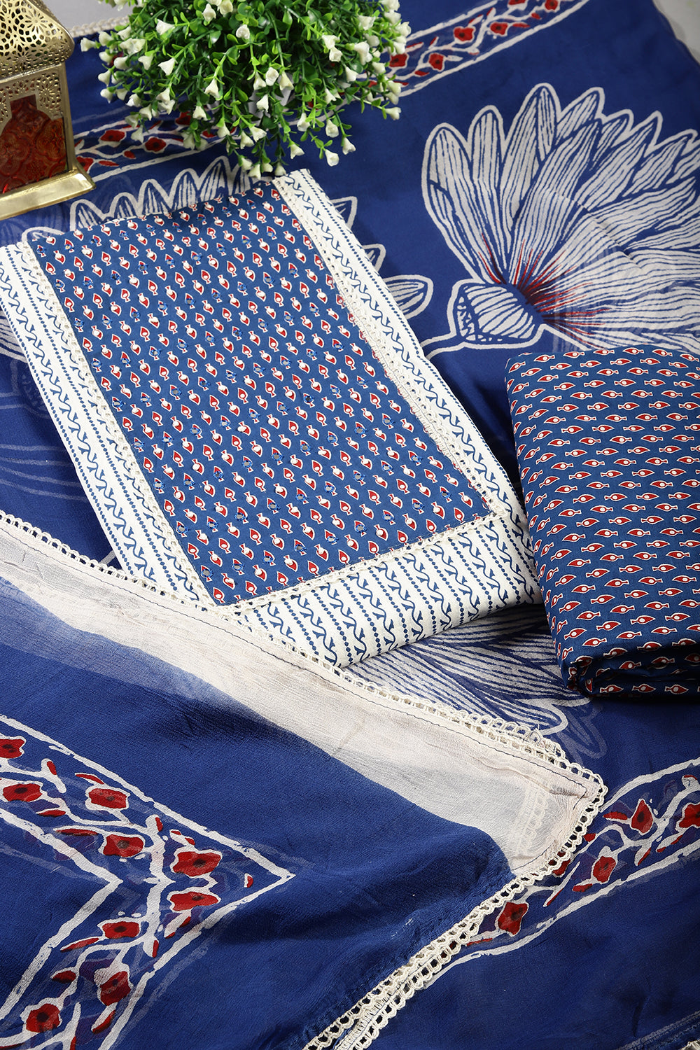 Navy Color Cotton Printed Unstitched Suit Material