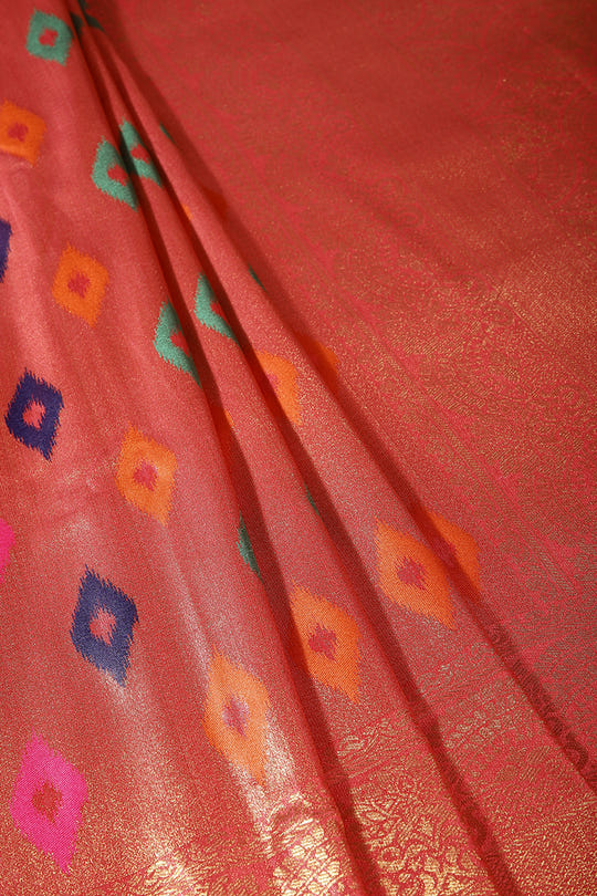 Dark Coral Color Silk Resham and Zari Woven Saree