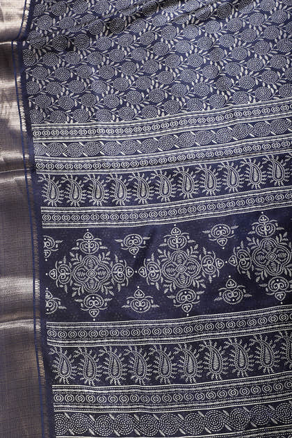 Navy Colour Printed & Woven Cotton Silk Saree