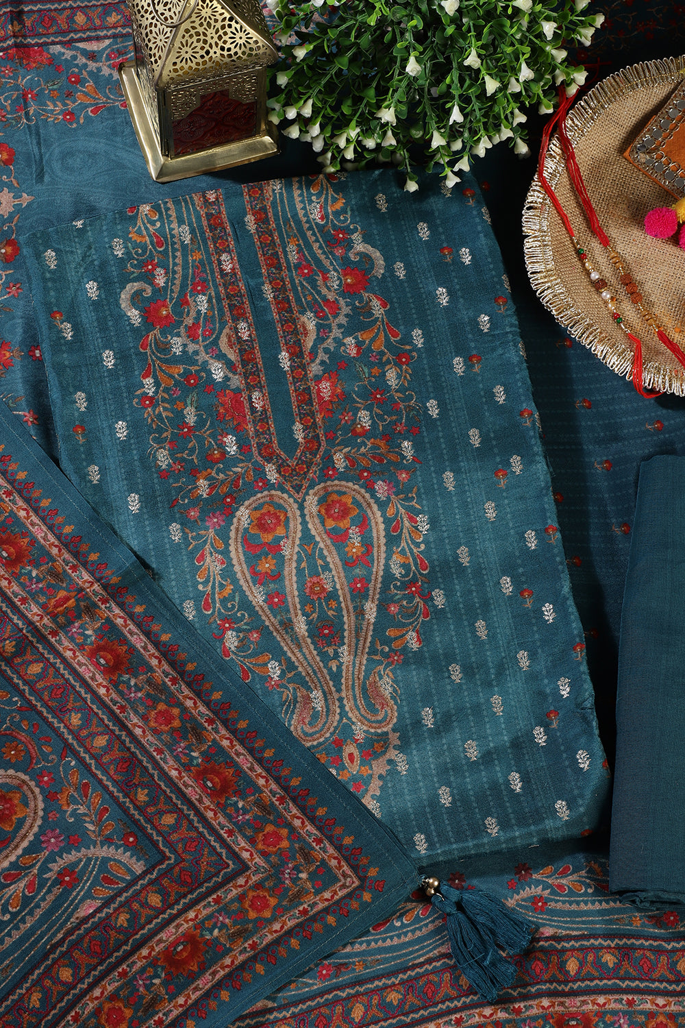 Blue Zari Woven And Printed Silk Unstitched Suit Material