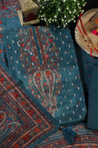 Blue Zari Woven And Printed Silk Unstitched Suit Material