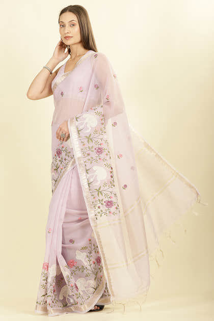 Mauve Kota Cotton Floral Resham Embroidered And Zari Woven Saree