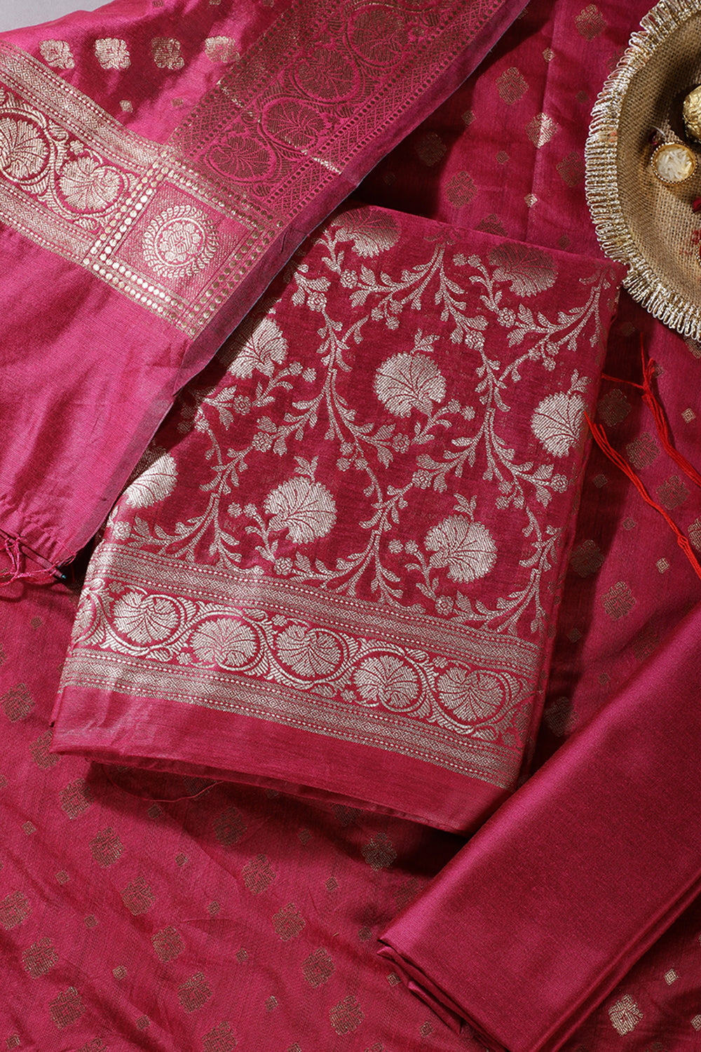 Magenta Pink Colour Zari Woven Silk Unstitched Suit Fabric