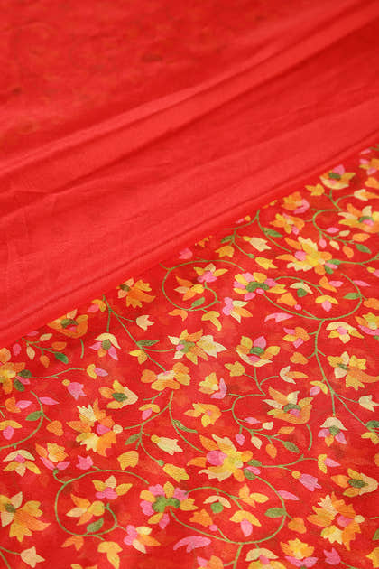 Red Color Chiffon Floral Zari Border Printed Saree