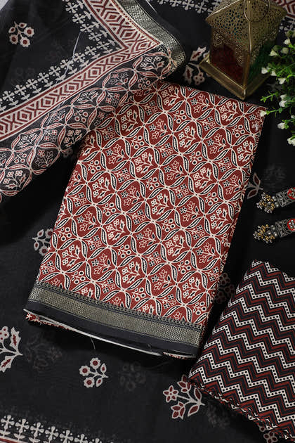 Maroon Cotton Ajrakh Block Print Unstitched Suit Material