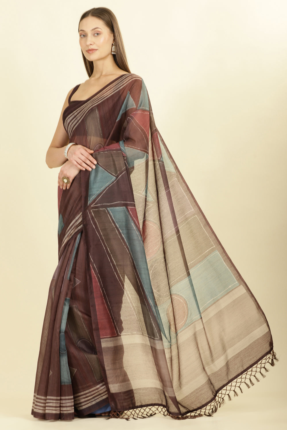 Brown Organza Cotton Printed Saree